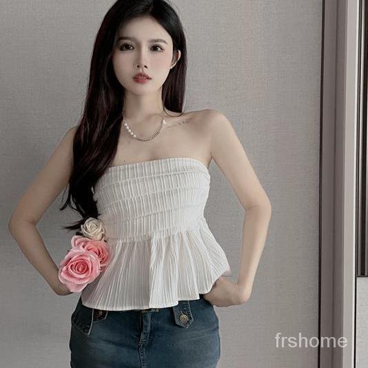 Tabung Lotus Tube Top Musim Panas Wanita Dew -Temperamen Top Thin Berkollarbone, Pendek Luar mengena