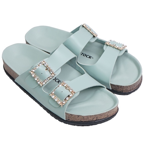 LAPEPA YUK - Dunkenstock KIMMY Sandal Wanita Slop Casual Size 36 - 40 Model Birken Dunkenstok Sol Puyuh Sara Sara Sendal Cewek Kulit Santai Strap Gesper dua Kristal Blink 37 38 39 Warna Green Hijau Selop Anti Slip Original Shoes ORI Mall Official Store