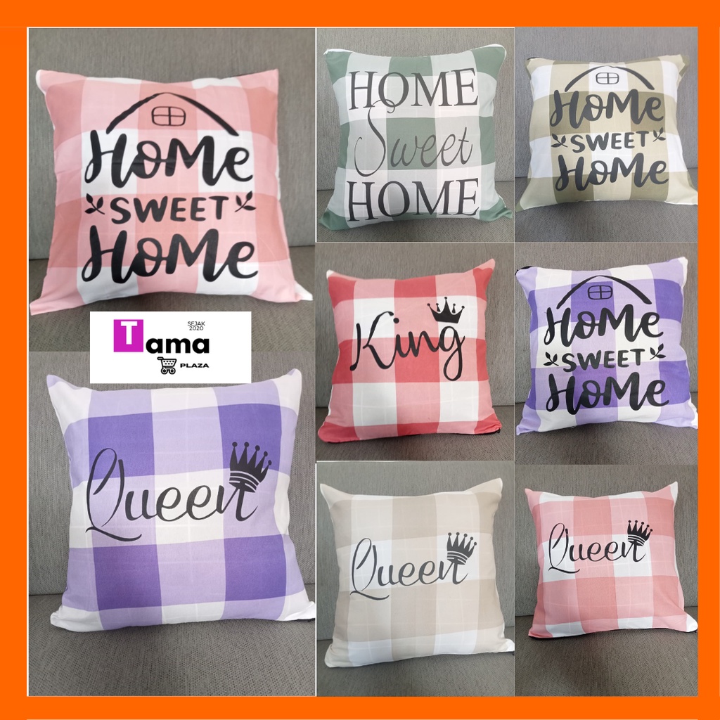 sarung bantal 40x40 home sweet home,king,quen motif kotak sablon