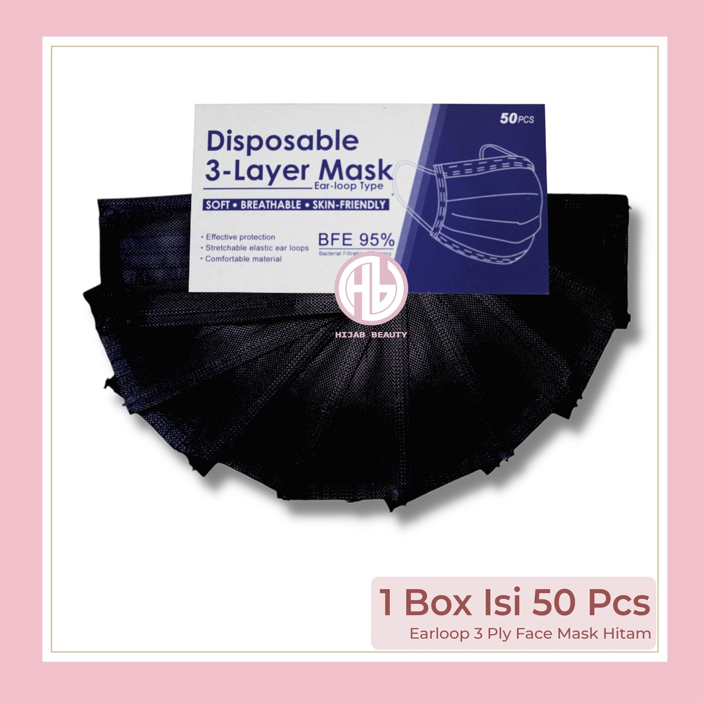 Masker Earloop 3 Ply Face Mask Hitam 1 Box Isi 50 Pcs