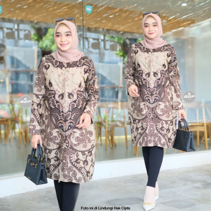 MIDI DRESS BATIK TUNIK BATIK JUMBO XXL KERJA KANTOR KONDANGAN PESTA WARNA KREM CREAM COKSU COKLAT SU