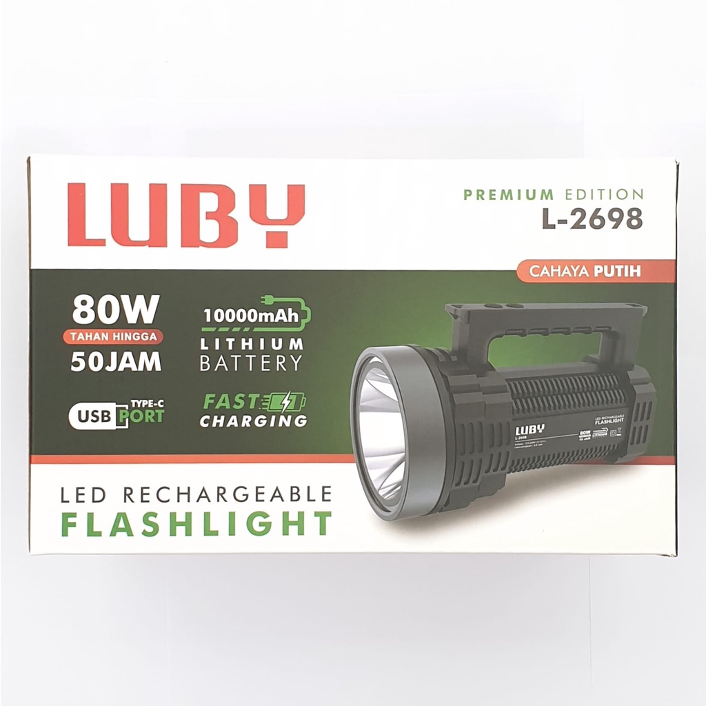 Luby L-2698 Premium Quality Senter Led Jumbo 80w Cahaya PUTIH Rechargeable Led Flashlight