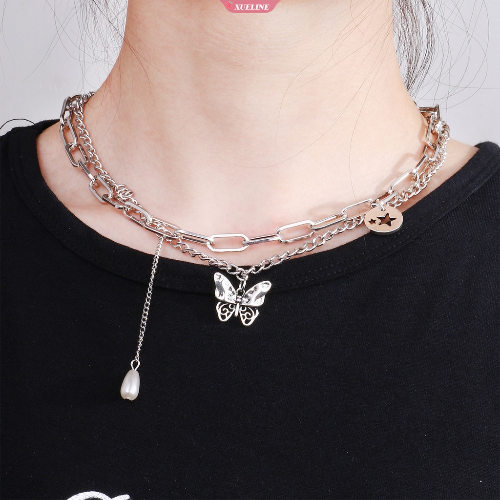 Fashion Mutiara Kupu-Kupu pentagram Liontin Pria Dan Wanita Rantai Samping Gaya hip-hop double-layer Rantai Grosir [ZXL]