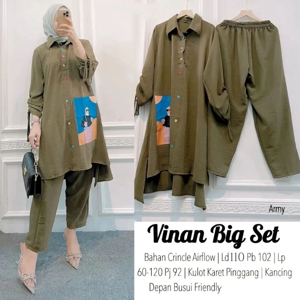 One Set Kemeja Lengan Kerut Sablon Kekinian Plus Celana Model Viral Kekinian / Daily Hijab Simple / Outfit Gaya Korea One Set Setelan Wanita Korean Style Baju Wanita ala Selebgram Paket Ootd Hemat Fashionable / Vinan big set