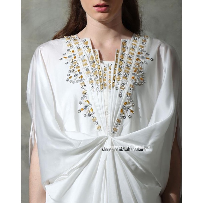 Kaftan Payet Saten Modern Gamis Kaftan Pesta Mewah Busui Putih
