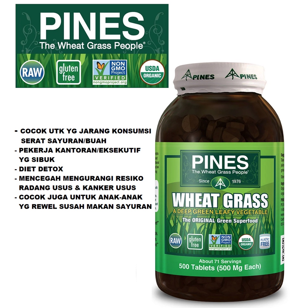 Pines Wheat Grass Tabs 500 Tablets Suplemen Rumput Gandum Detox Made In USA Organic Wheatgrass Multivitamin Greenfood Superfood