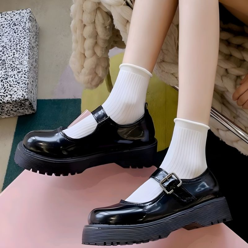 Sepatu Docmart Wanita Hitam Gesper Hak Datar Kasual Import Premium DF 566 Sepatu Flat Loafers Kulit Cewek Kekinian Fashion Korean Style 8045