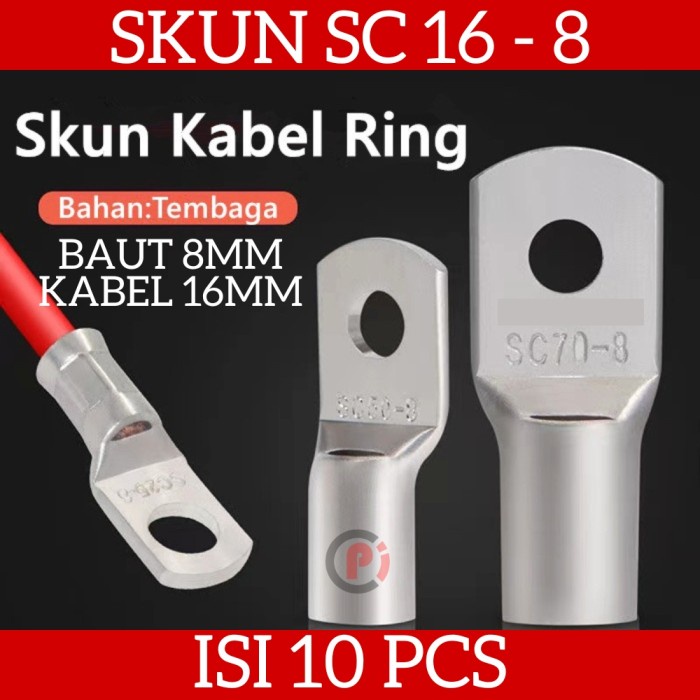 Isi 10 Pcs Skun Kabel Ring SC 16 8mm Konektor Kabel Listrik Cable Lug