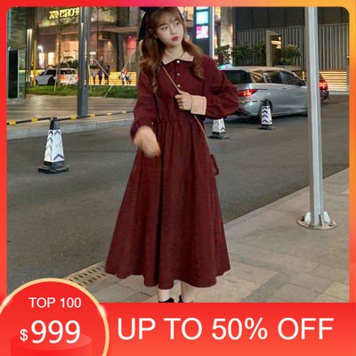 dress korea style/ Casual dres wanita retro rok a-line mid-length lengan panjang kerah POLO/baju wanita/ baju kore/ pakaian korea