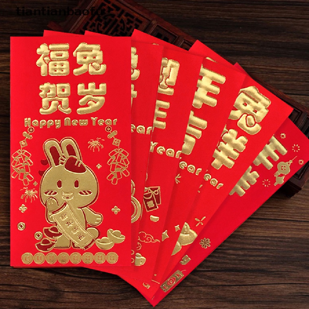 [tiantianbaofu] 6 Pcs 2023tahun Kelinci Merah Paket Chinese Rabbit Year Festival Hongbao Bronzing Amplop Merah Uang Packing Bag Lucky Red Packets Bag Boutique