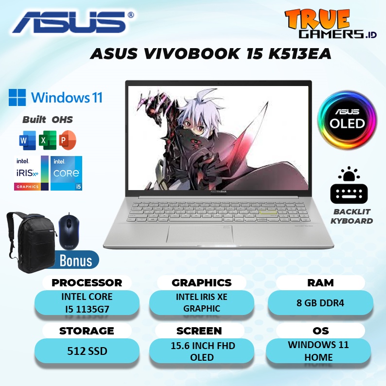 ASUS K513EA OLED I5 1135G7 8GB 512SSD W11+OHS 15.6FHD