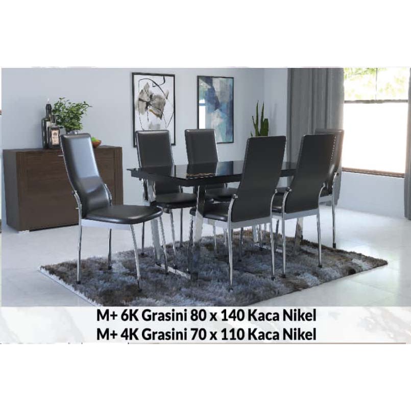 Meja Makan Kaca kaki Stainless Steel