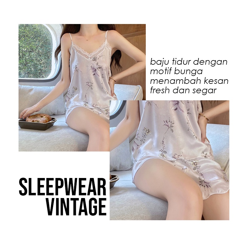 CJSW-E034 TINO TINO Tanktop Set / Piyama Model Tanktop Motif Vintage Lace/Piyama Wanita Satin Motif Bunga