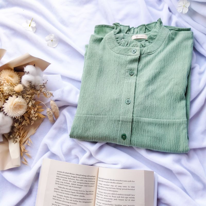 Regia Sage Green - Korean Blouse - Atasan Wanita Kemeja Tunik Lengan Pendek Kekinian