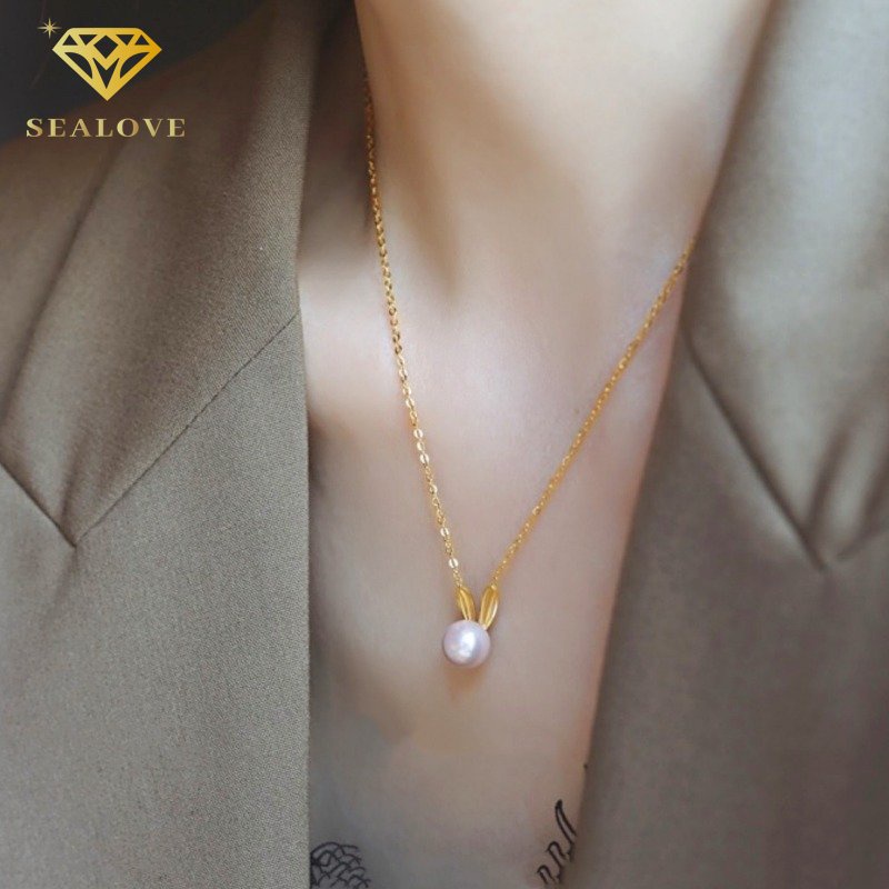 Kalung titanium wanita anti karat kelinci mutiara lucu perhiasan Korea