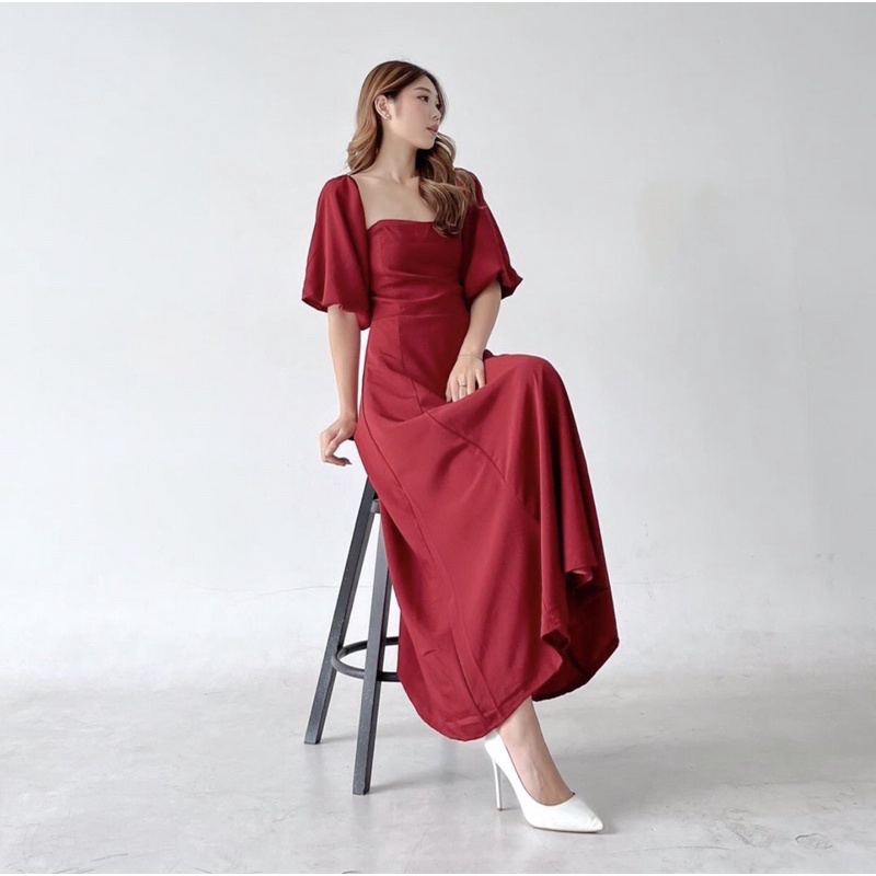 FELICIA BRIDESMAID IN MAROON - PROM NIGHT GOWN - DRESS SEXY KOREA WARNA MERAH - MIDI DRESS KONDANGAN - DRESS PESTA SEXY MEWAH - WEDDING DRESS - DRESS PAGER AYU - HADIAH / KADO ULTAH CEWEK