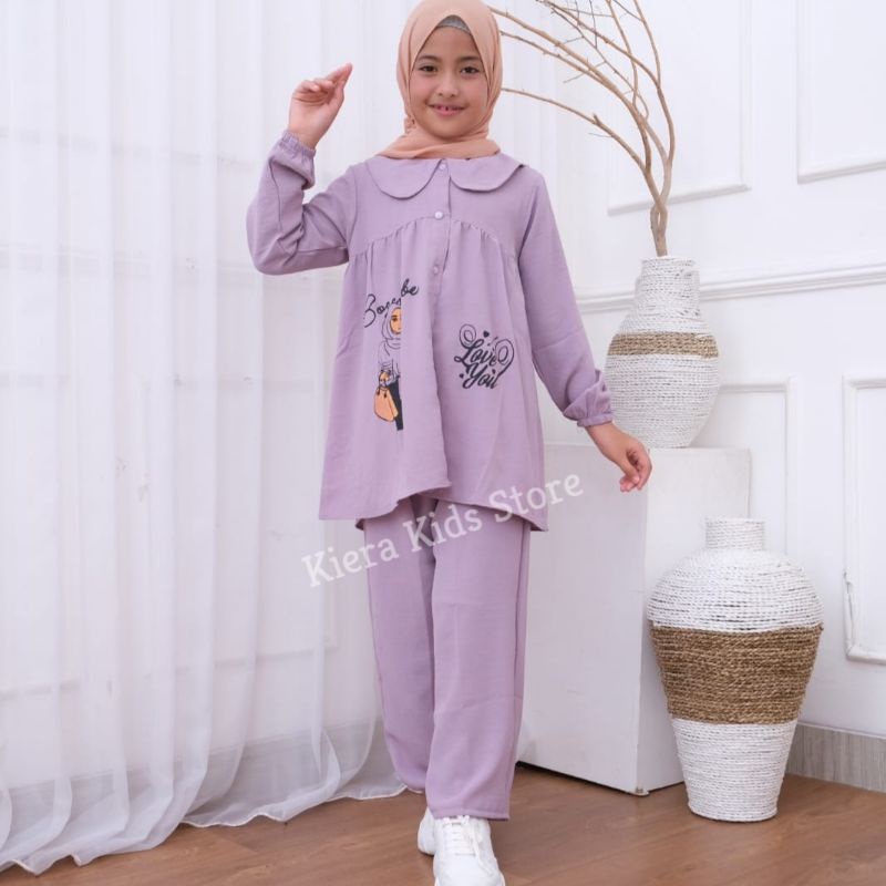 Setelan Anak Perempuan Bahan Crinkle Premium Airflo Motif Gambar Usia 3-12 Tahun