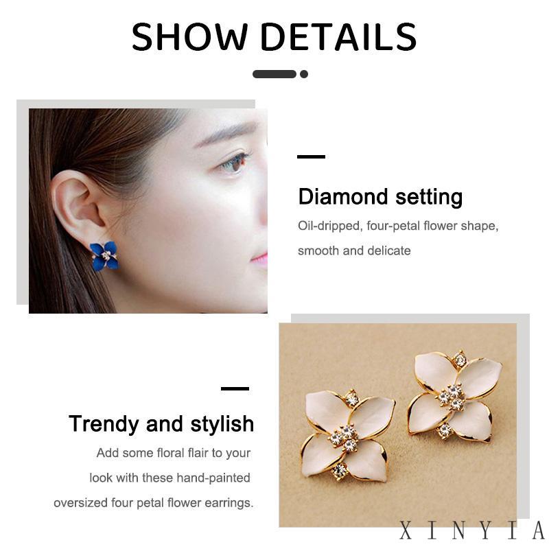 【Bayar di tempat】Four Petal Flower Earrings Diamond Inlay Minyak Menetes Halus Halus Perhiasan