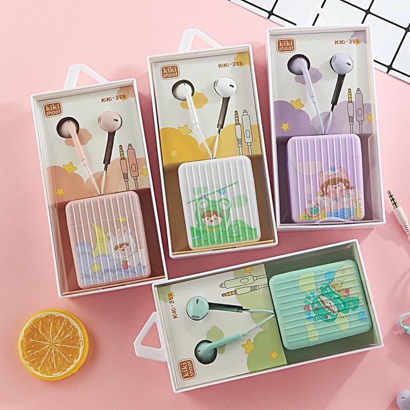 [ KI 358 ] Set Headset Earphone karakter seri Korean animasi cute / + Wadah penyimpanan Earphone Motif in ear