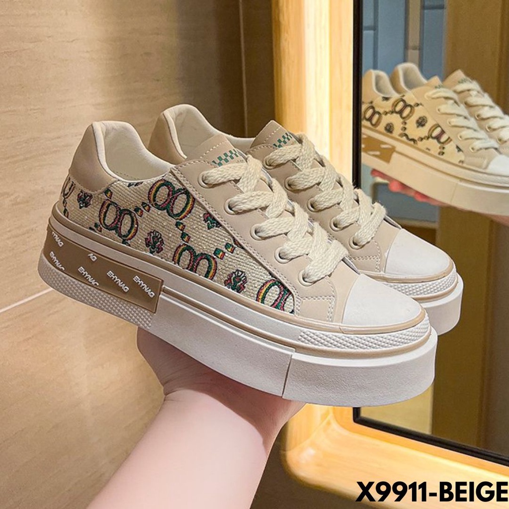 SEPATU SNEAKERS WANITA MOTIF BRAND TERKENAL LARIS ELEGANT BAHAN CANVAS PU IMPORT 9911