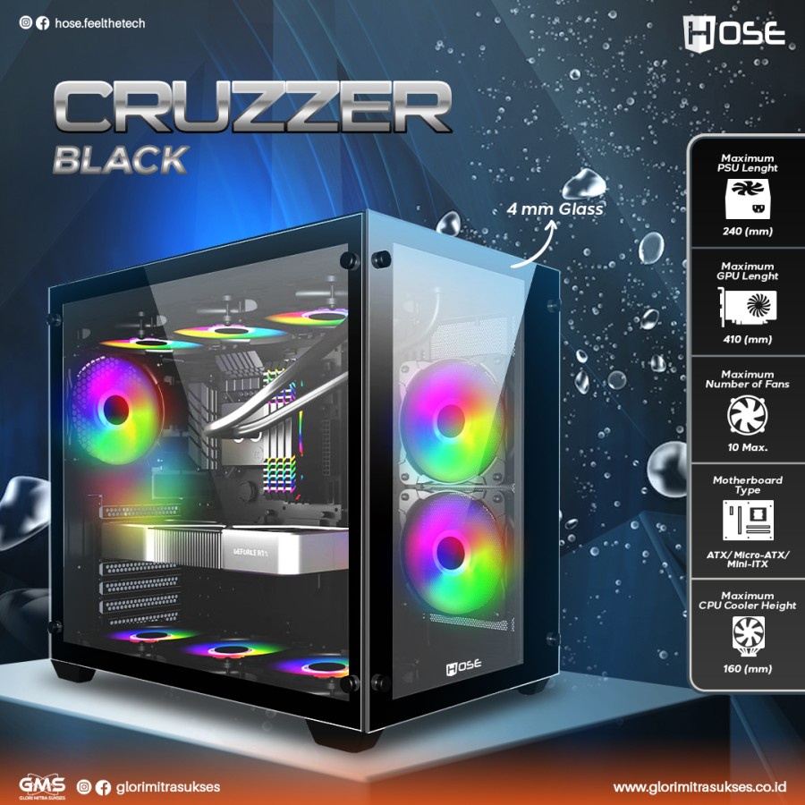 Case Hose CRUZZER BLACK Dual Chamber | ATX | Front Side Tempered Glass