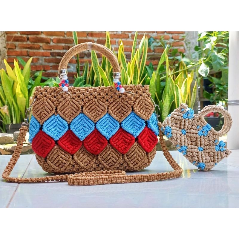 Jual Handbag Talikur Pesta Motif Rajut Mutiara set Dompet / Tas Rajut