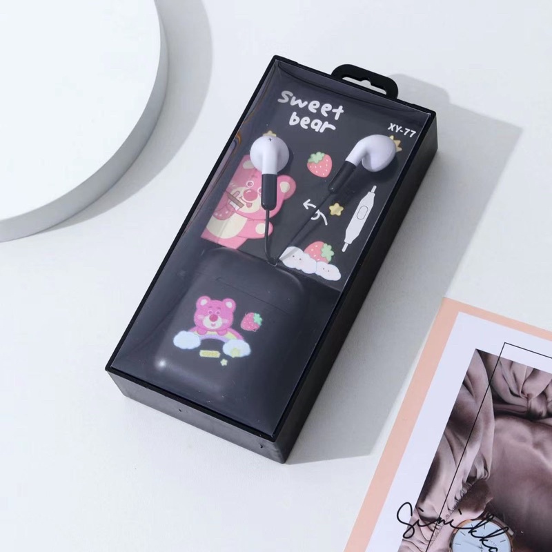 [XY 77] Set Headset Earphone karakter SERI XY 77 motif Sweet bear so cute / + Wadah Earphone Motif in ear