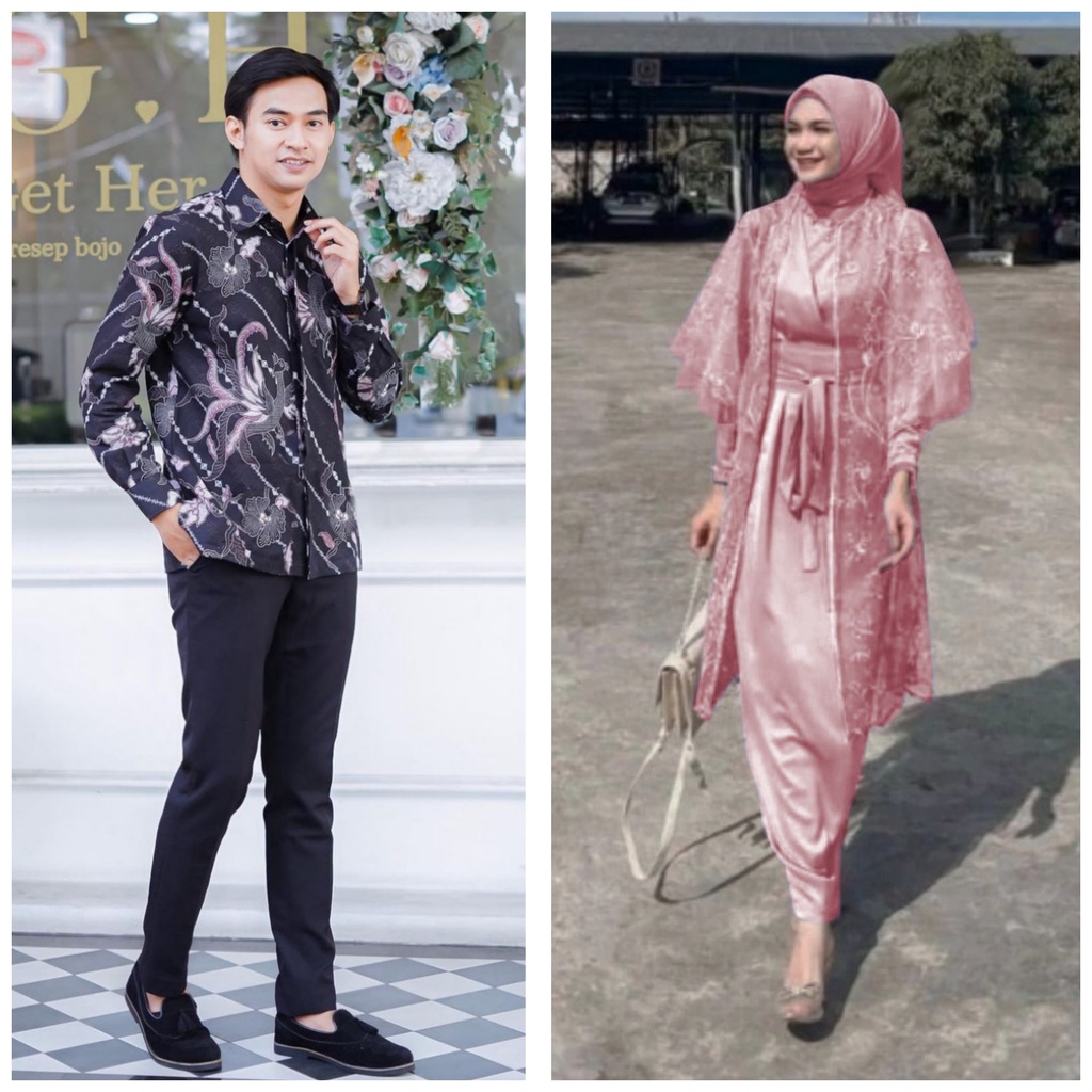 SHOPASHOP SOLO Batik Couple Dress Raya Kimono belt &amp; outer tulle mutiara Kombinasi Kemeja batik Lengan panjang