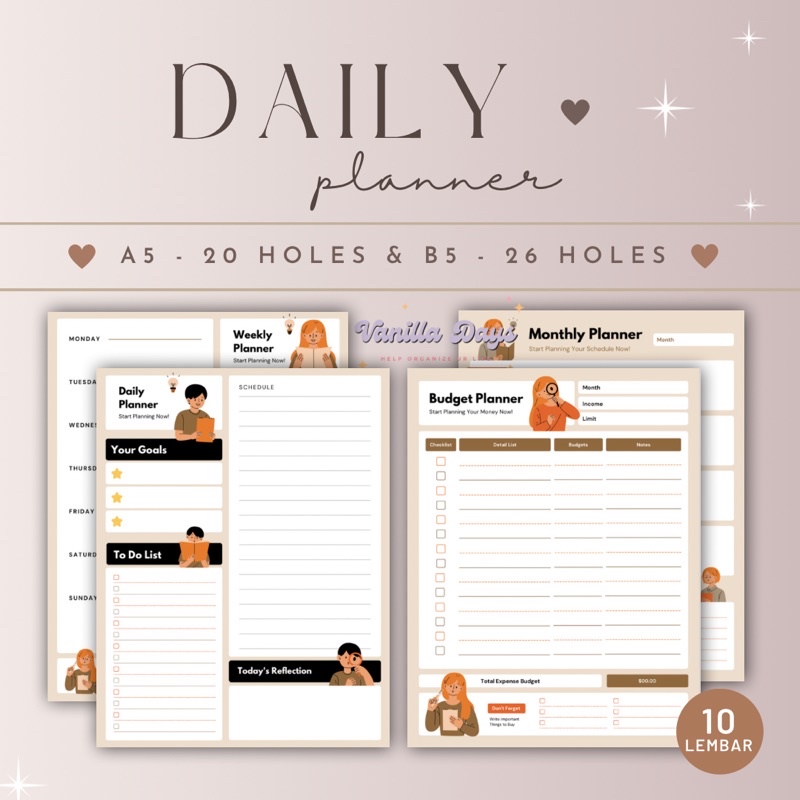 

[] Daily Planner Agenda Memo Notes Monthly Weekly Check List Kertas Refill Isian Binder Bullet Journal Bujo Loose Leaf Diary A5 B5 Fillable Catatan Harian Mingguan Bulanan Printable Goals Student Pelajar Produktif Productive Jadwal Editable Undated