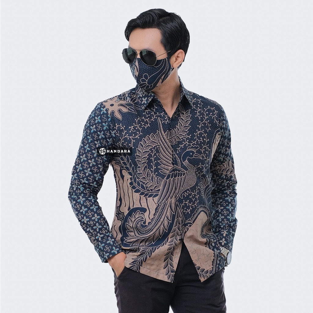 Baju Kemeja Batik Pria Lengan Panjang Slim Fit Premium Modern Full Furing Katun Halus Original Handara Motif Sekar Navy HB-209