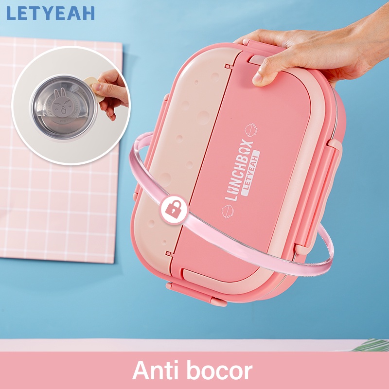 letyeah Kotak makan 4 sekat /lunch box stainless anti tumpah /tempat makan free mangkuk sup &amp; sendok sumpit