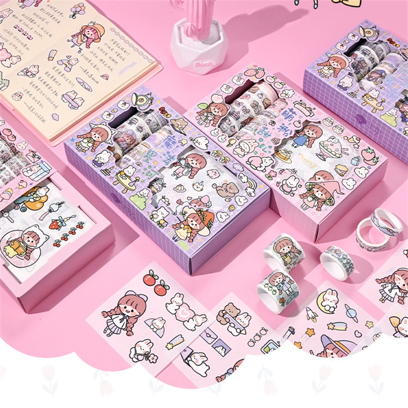 10 Stiker + 10 Gulungan Pita Stiker 10/20 Gulungan Pita Rekening Buatan Tangan Stiker Kartun Set Album Dekorasi Buku Harian 50 Lembar Stiker Rekening Buatan Tangan Bahan Alat Tulis DIY Gratis