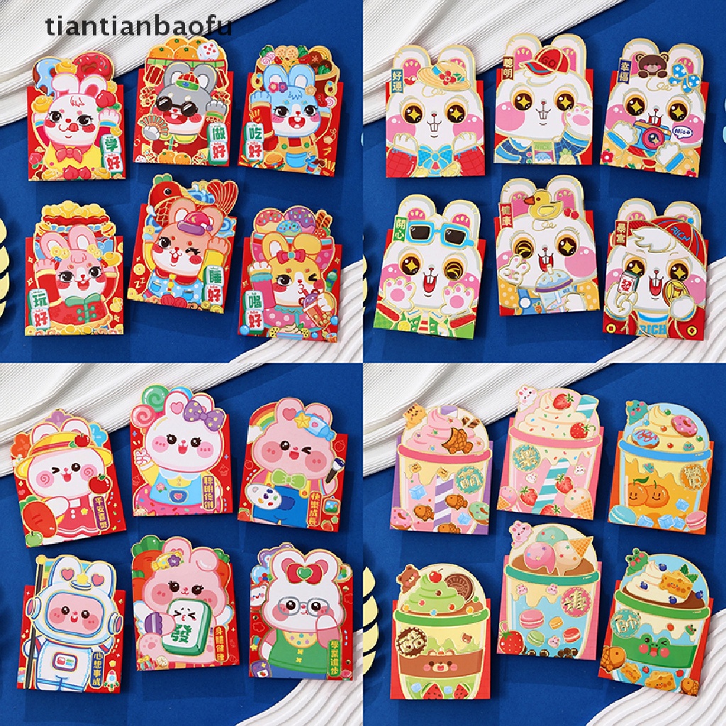 [tiantianbaofu] 6 Pcs 2023tahun Kelinci Amplop Merah Tahun Baru Cina Beruntung Kantong Uang Pola Kartun Festival Musim Semi Pernikahan Merah Hadiah Amplop Butik