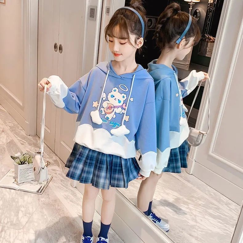 Setelan Anak Perempuan Teen DENTA Baju Remaja Perempuan Sweater Hoodie and Pleated skirt Korean Style Import