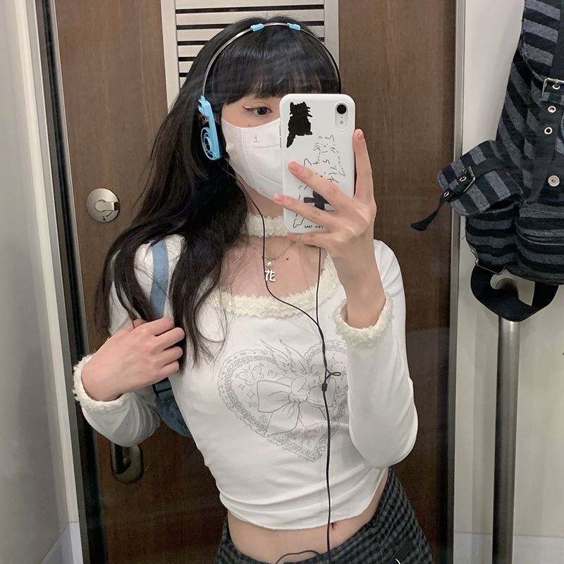 ☎☒❒Suhao 2022 Musim Gugur dan Musim Dingin Baru Diri Budidaya Pendek Gadis Panas Keinginan Murni Angin Plus Beludru Lengan Panjang renda T-shirt Wanita Niche Chic Top