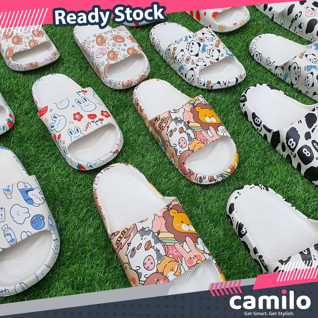 ☀CAMILO☀ Sandal Slop Motif Panda / Sandal Slop Motif lOVE /  Sandal Fashion Wanita / Sandal Lucu &amp; Imut / Slip Sandal Cewek Sandal Import SF02