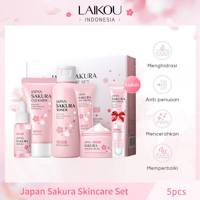 Free Gift LAIKOU Sakura Brightening Serum Cream Menghilangkan Bintik Gelap Toner Memudar Noda 5pcs