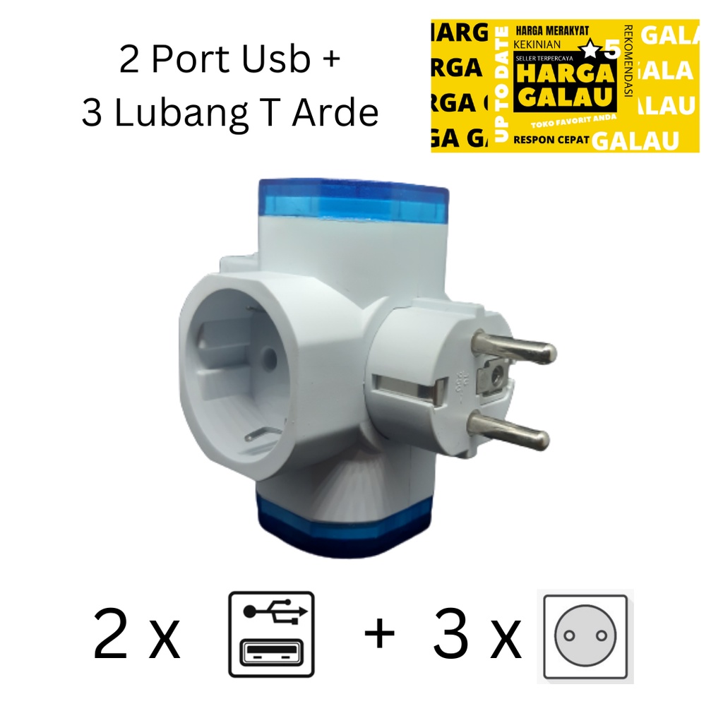 Colokan 2Usb + 3 lubang Arde SNI / T Multi 2 Port Usb Cabang 3 Socket Power