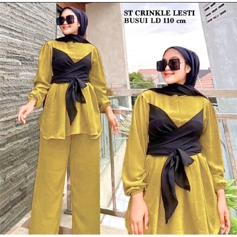 Oneset Lesti Crinkle Airflow Setelan Wanita Polos