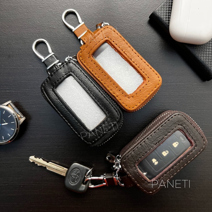 Gantungan Kunci Mobil / Motor Dual Zipper Kulit Asli Premium Dompet STNK Remote Keyless PANETI