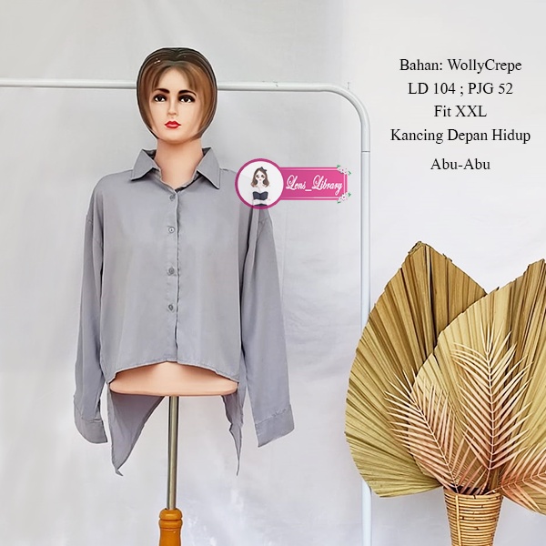 Kemeja Crop Top Wanita Abu Belakang Model Silang Blouse Crop Lengan Panjang Full Kancing Busui Frien