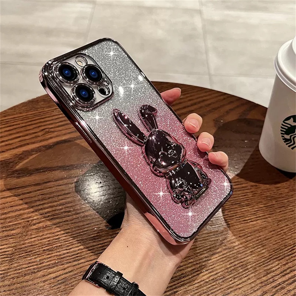 Kreatif Kartun Bunny Stand Case iPhone 14 Pro Max Plus Case iPhone 13 12 11 Pro Max Mewah Flash Lembaran Tertutup Penuh Shockproof Perlindungan Lembut Penutup Belakang