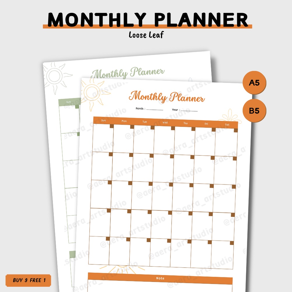 

(10 pcs) LA200 Monthly Planner : Loose Leaf - by Aera Art Studio | Refill Binder A5 - Kertas Binder B5 - Catatan Bulanan - Rencana Bulanan - Isi Kertas Binder