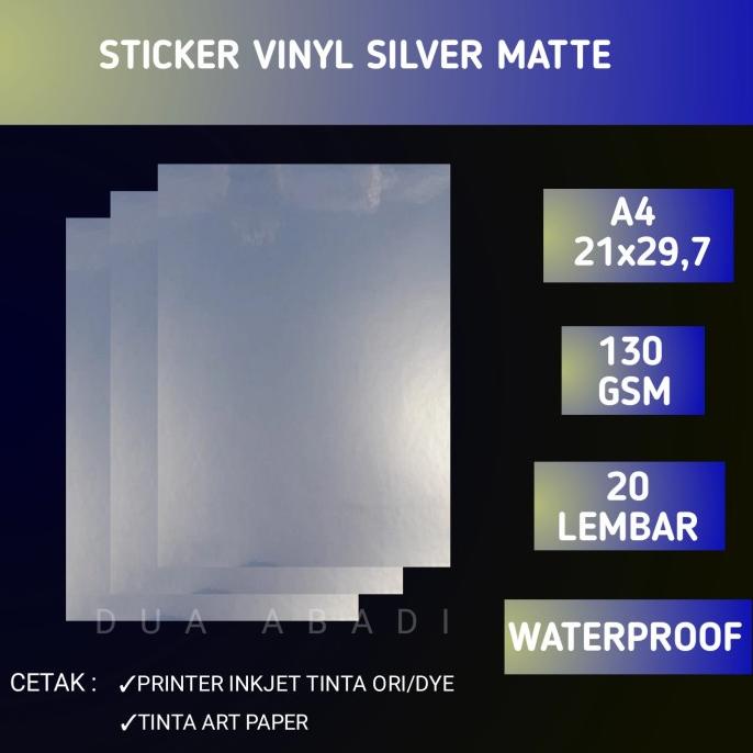 

Kertas sticker vinyl PET silver matte A4 isi 20 lembar waterproof