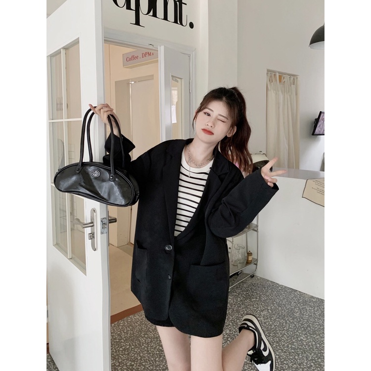 Blazer Wanita Korean Style Jaket Lengan Panjang Outer Basic Import Casual Kekinian Blezer Hitam Retro Jaket