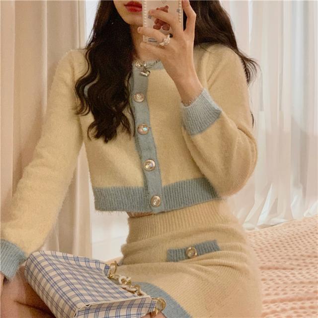 Suhao Setelan Dua Potong Wanita Trendi Gaya Korea Chic Cream Biru Muda Berbulu Rajutan Cardigan + Rok Musim Gugur setelan