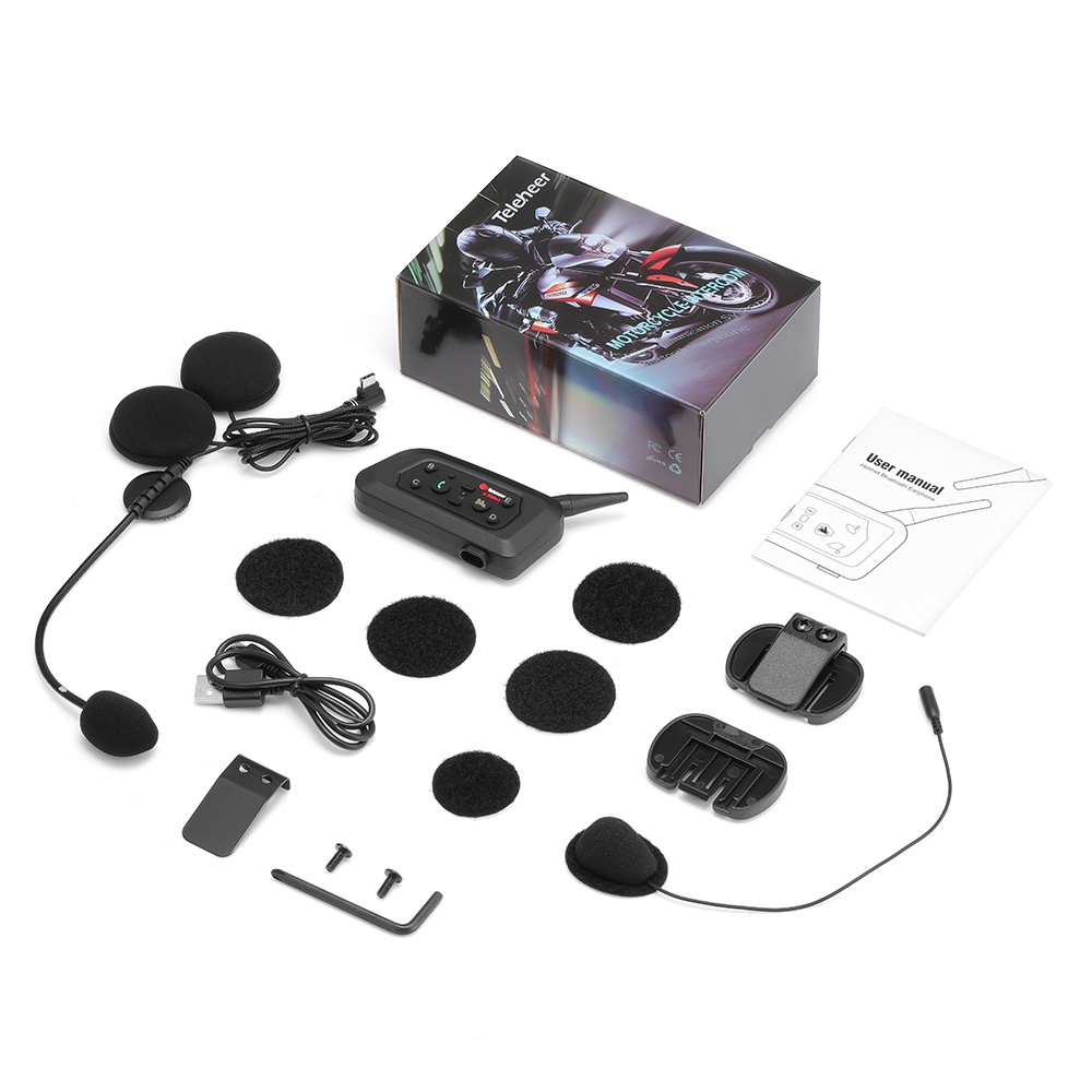 Teleheer V6 Bluetooth 5.1 Nirkabel Sepeda Motor Helm Intercom Headset Sistem Peredam Kebisingan Headphone 1200 M Rentang 6 Pengendara Full Duplex Interphone