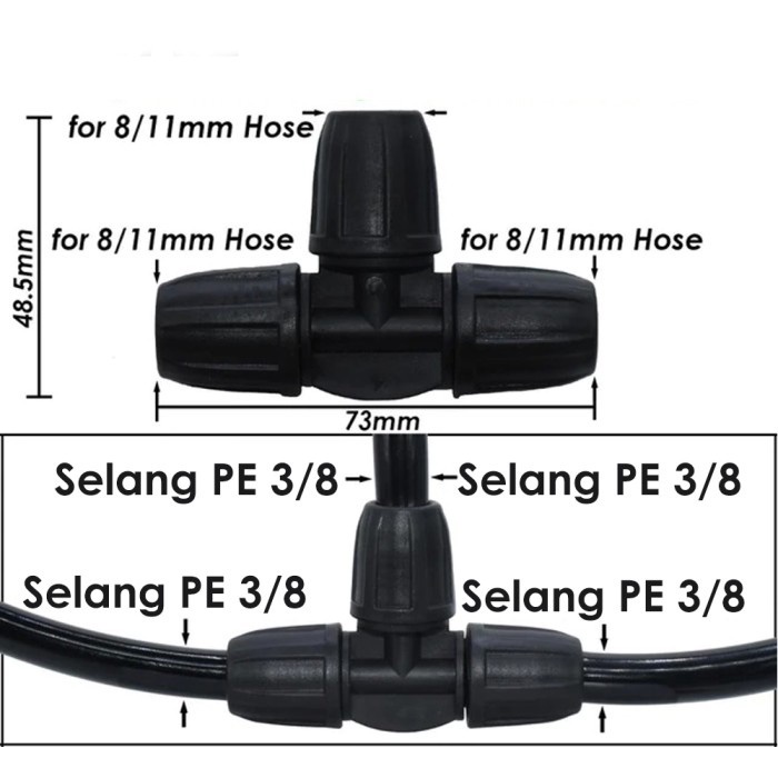 Sambungan Selang Air Hidroponik 11 mm Reducer TEE 8/11 mm Fitting Konektor TEE Selang PE Irigasi Cod