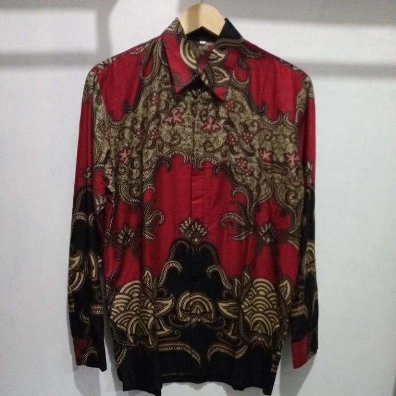 gajah Mada merah maron kemeja batik pria lengan panjang kulakan reguler full katun M.l.xl.xxl