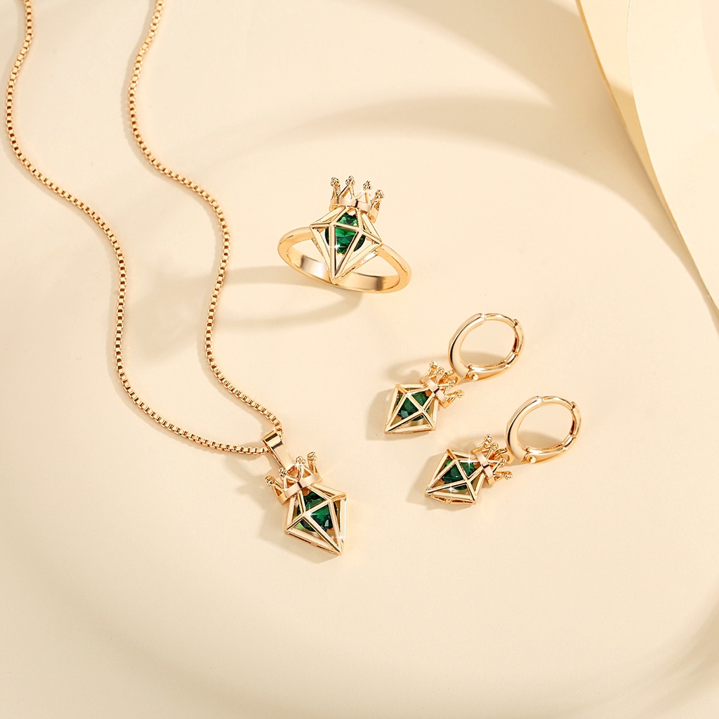Y903 【Barang spot】Set Perhiasan Wanita Titanium Anti Karat Emas 18k Anting Cincin Kalung Berlian Permata Aksesoris Wanita Murah